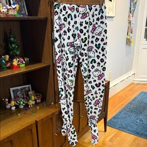 Hello Kitty ladies footie Pajama Bottoms - White and Pink with Leopard Print